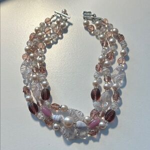 Pink glass beaded necklace, 3 strand, 14” long